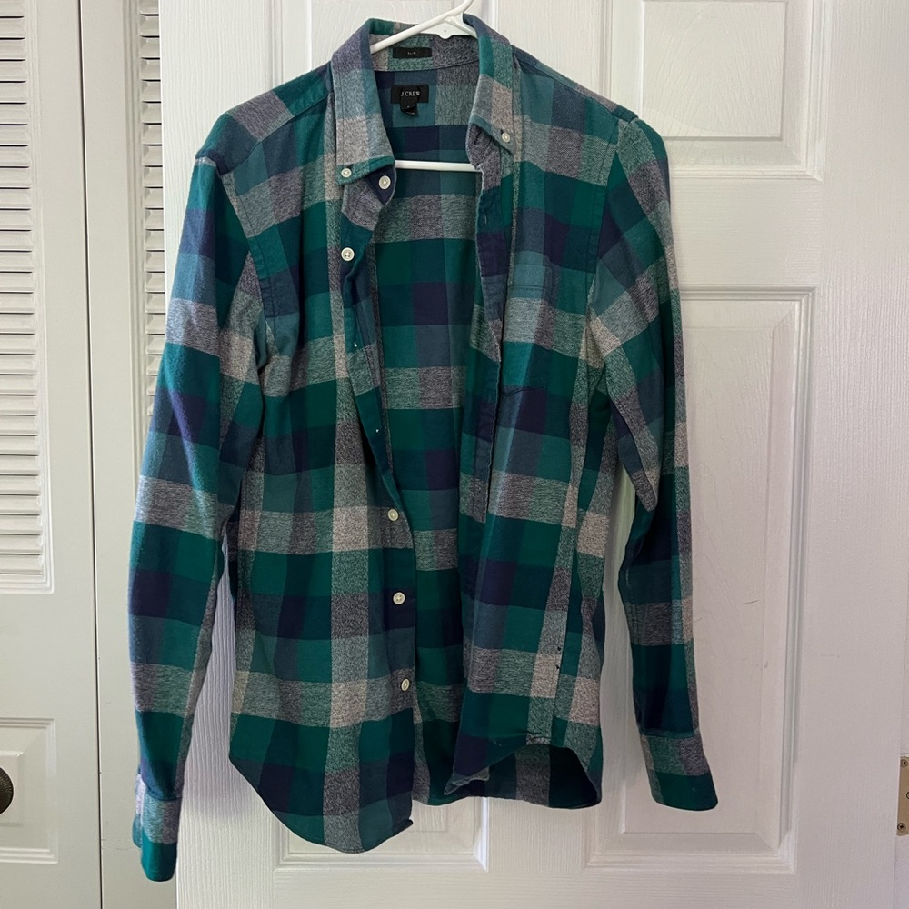 J. Crew Green and Blue Plaid Men's Shirt slim size S